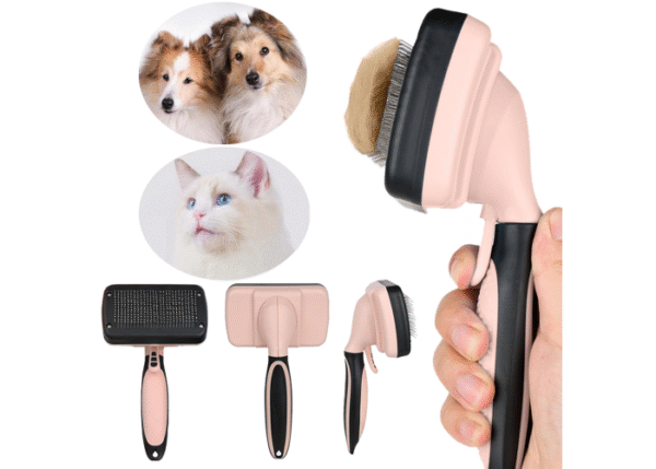 Skin-Friendly Grooming and Deshedding Brush for Dogs, Cats, and Puppies - Self-Cleaning, Easy to Use (Pink)